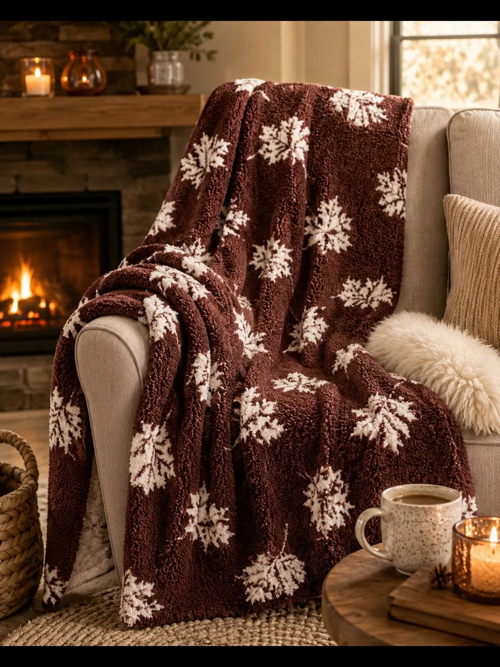 Plush Leaf Sherpa Throw Blanket - Brown/White